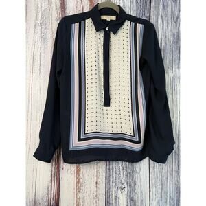 Loft Women’s Navy White Pink Long Sleeve Sheer Blouse Size Small
